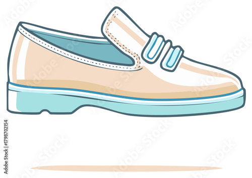 Cartoon illustration featuring a stylish light leather loafer with a blue sole