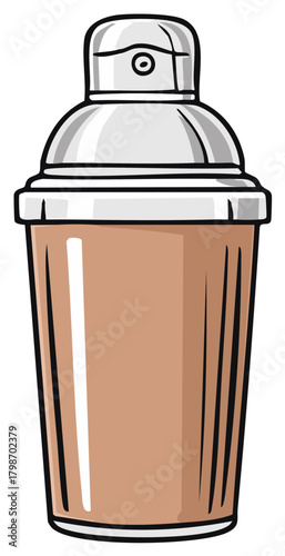 Illustration of a cocktail shaker in cartoon style with brown liquid inside and a metal top
