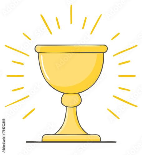 Golden chalice with emanating light illustration, cartoon style design element
