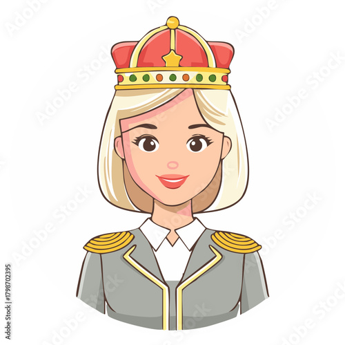 Smiling confident blonde woman in a military style uniform with epaulets wearing a majestic royal crown