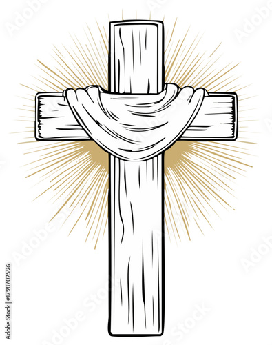Wooden Cross with Draped Cloth and Radiant Sunburst Design Element