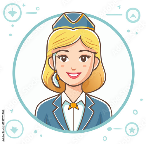 Cartoon Portrait of a Friendly Female Flight Attendant in Uniform with Hat