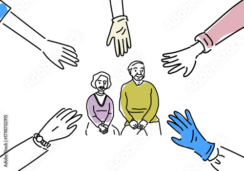 高齢者と介護を支える人々の手