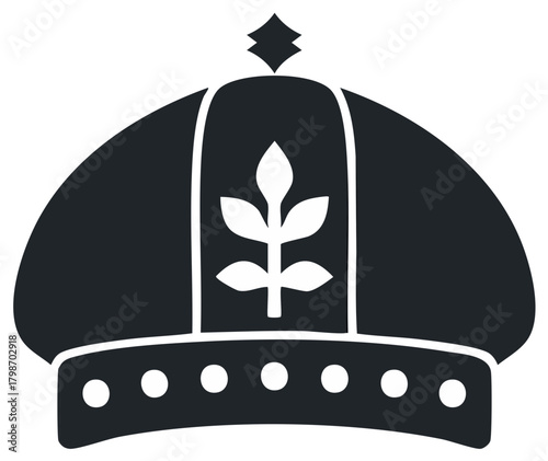 Decorative crown graphic with leaf accent, simple regal element, symbolic coronation decoration, stylized monarch icon