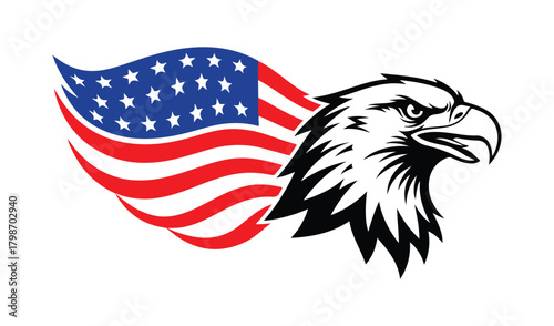 American bald eagle and waving flag symbolizing patriotism and freedom