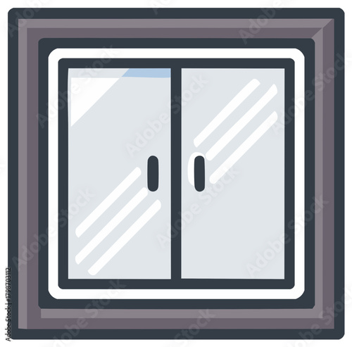 Illustration of a gray window with two glass panels and door handles