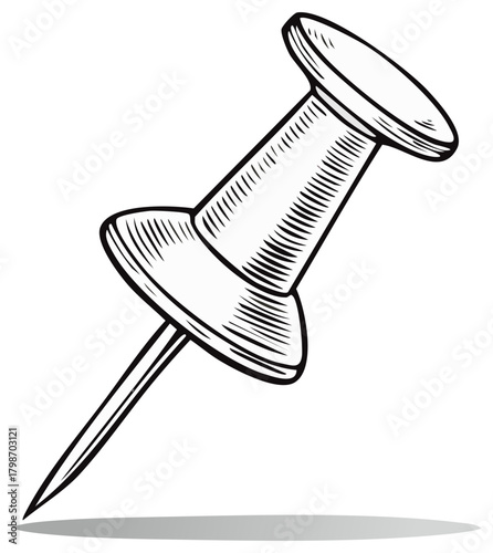 Drawing of a single pushpin with engraved shading and a pointed metal pin