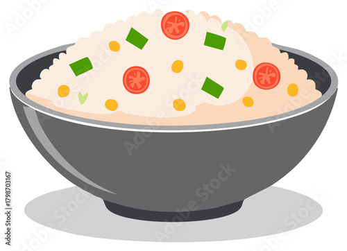 Flat Illustration of a Bowl of Rice with Vegetables and Tomato Slices