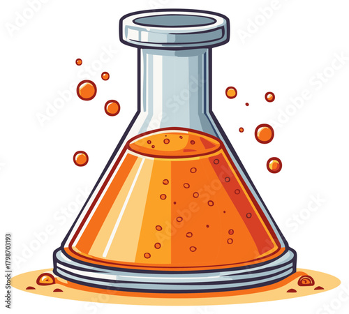 Cartoon flask with bubbling orange liquid and floating bubbles