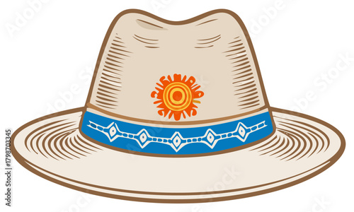 Beige hat with blue patterned band and orange sun emblem illustration for summer travel