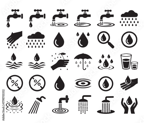 Water icons set with drops vector collection