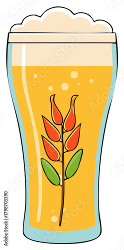 Refreshing Foamy Beer Pint with an Artistic Wheat Stalk Graphic Design