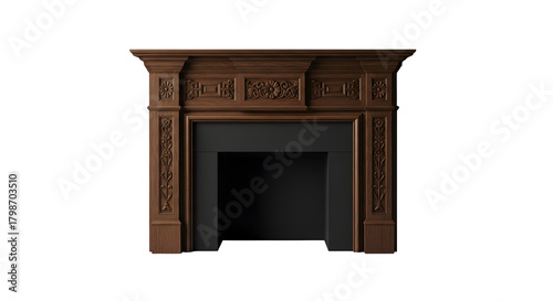 Ornate dark wood fireplace mantel with carved details, isolated on transparent background