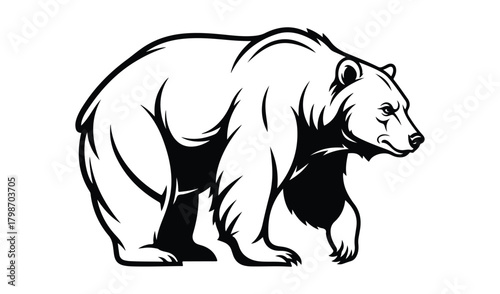 Black and white illustration of a standing grizzly bear in profile