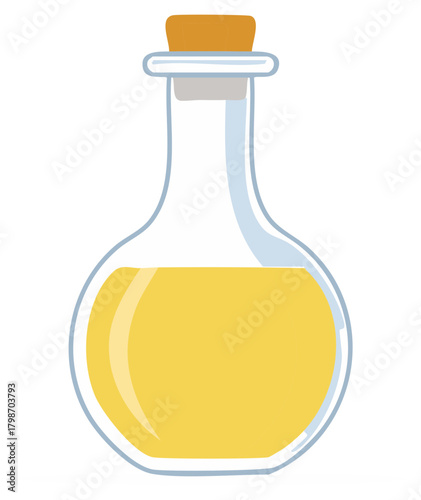 Liquid filled glass potion bottle with cork stopper for alchemy and ingredients