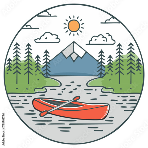 Outdoor adventure illustration with canoe, mountain, pine forest, and sun over a tranquil lake.