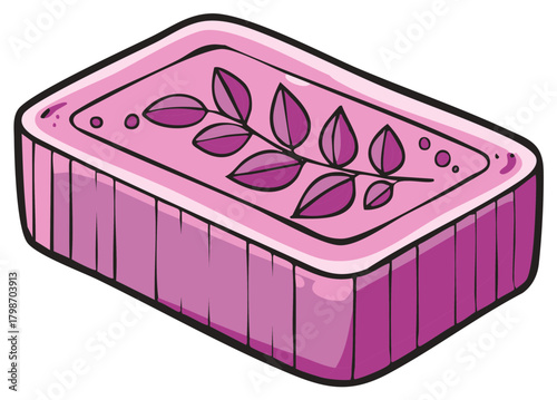 Cartoon Bar of Soap with Leaf Design, Pink Rectangular Soap Illustration