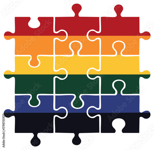 Connected Puzzle Pieces in LGBTQ+ Pride Rainbow Colors, Symbol of Unity