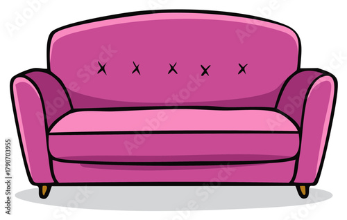 Illustrated cartoon style pink sofa with black outlines and decorative stitched details, a furniture concept.