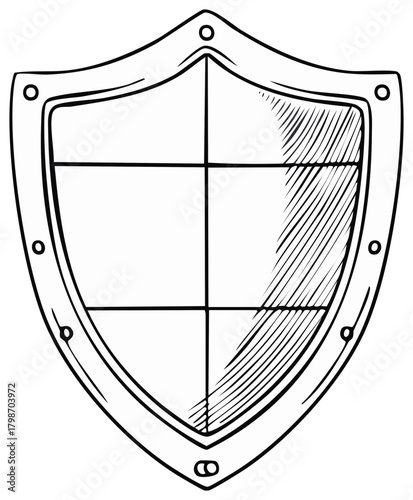 Illustration of a medieval shield with rivets and a cross, fantasy drawing, symbol protection