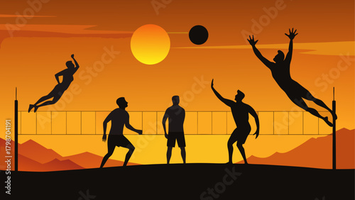 Silhouetted volleyball players at sunset