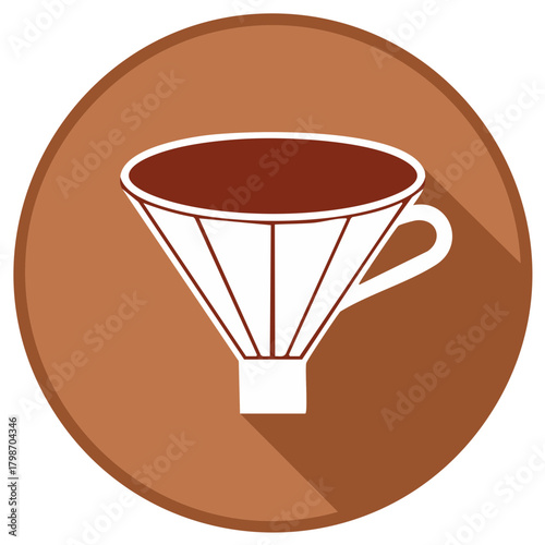 Abstract coffee cup icon with filter element and long shadow on brown circle