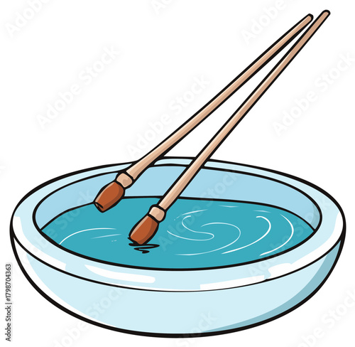 Artistic Scene: Two Paintbrushes Soaking in Bowl with Blue Water, Preparing for Painting or Watercolor Illustration