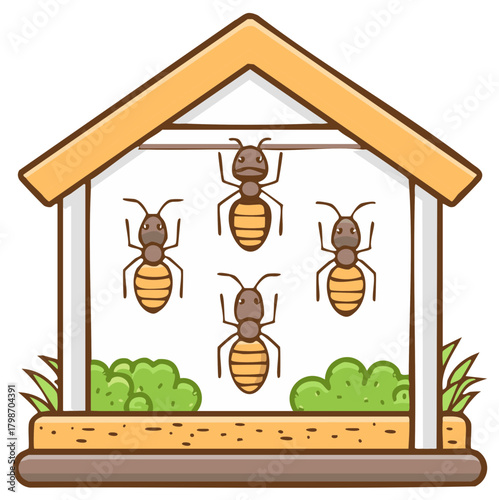 Cartoon ants inside a stylized house structure with green bushes and grass