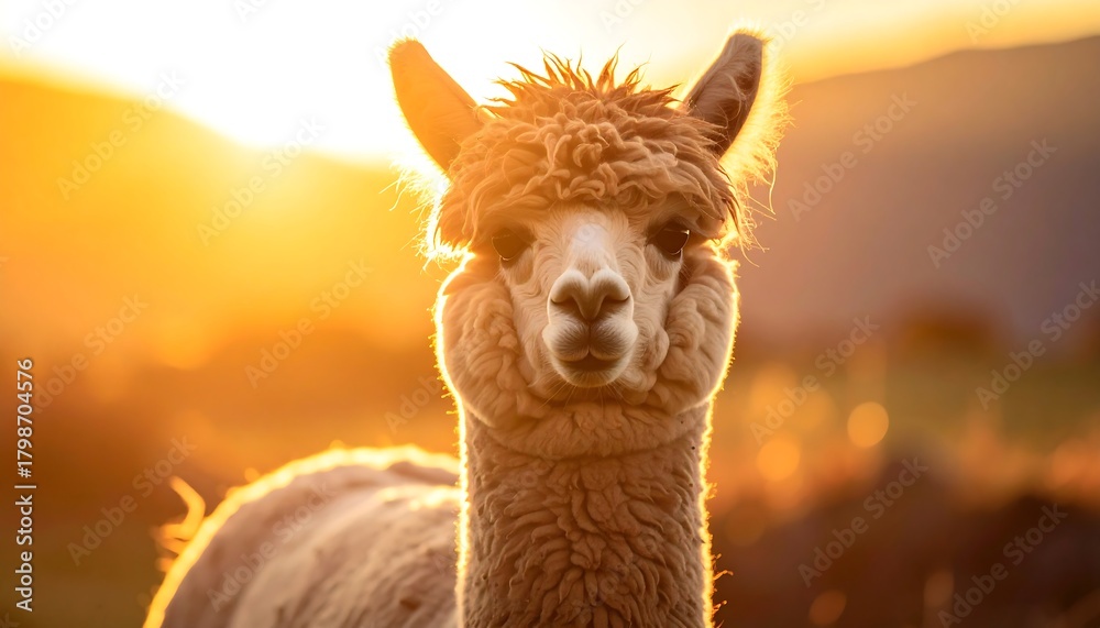 Obraz premium A close-up portrait of a fluffy llama against a warm, golden sunset. The animal faces the viewer with a curious expression