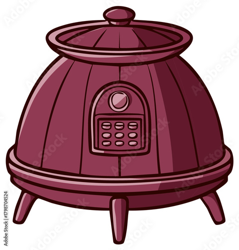 Retro kitchen appliance with rounded shape and digital control panel