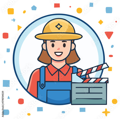 Smiling female filmmaker character illustration wearing hard hat holding movie clapperboard