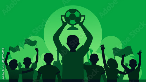 Crowd celebrating with a soccer trophy