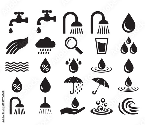 Water icons set with drops vector collection