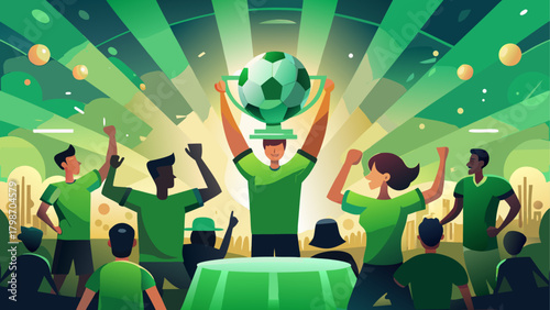 Team celebrating soccer trophy victory day