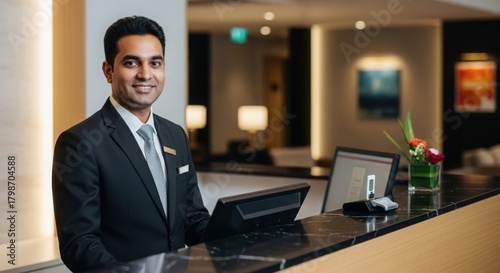 Professional Indian Hotel Staff Working at Contemporary Reception Counter