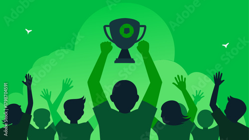 Crowd celebrating with a trophy in green