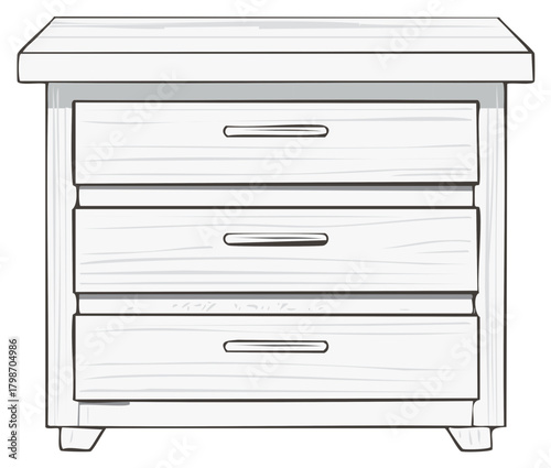 Hand drawn vector illustration of a wooden nightstand with three drawers. Sketch of a bedside table furniture.