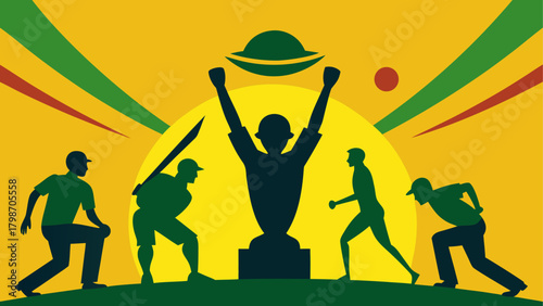 Silhouette cricket players with trophy art