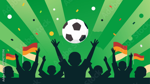 Crowd cheering with ball and flags raised