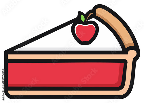 Slice of apple pie with a single red apple and green leaf topping