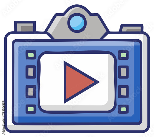 Illustrated cartoon video camera with a play button on a film strip style screen for streaming media