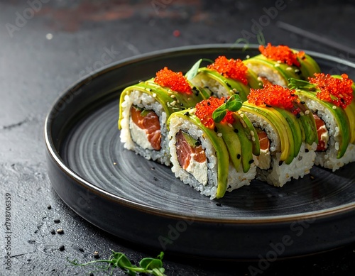 Delicious sushi rolls with avocado and caviar served on a dark ceramic plate