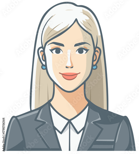 Professional blonde woman in a gray suit and white shirt smiling.