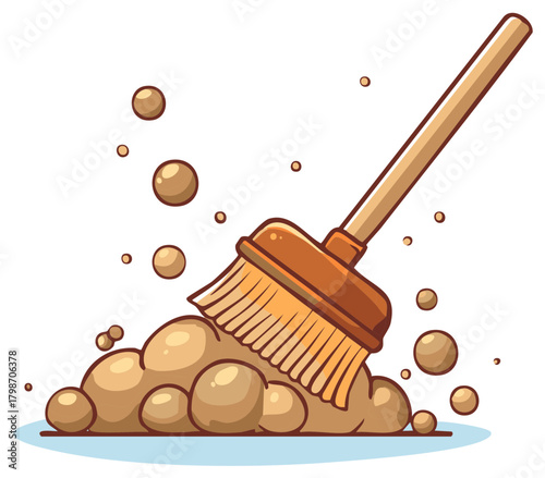 Sweeping Dust Cartoon Illustration Broom Cleaning Dirty Debris Clipart