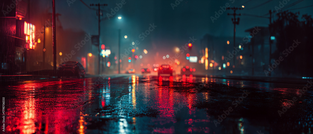 Fototapeta premium Rainy night city street with neon lights reflecting on wet asphalt.