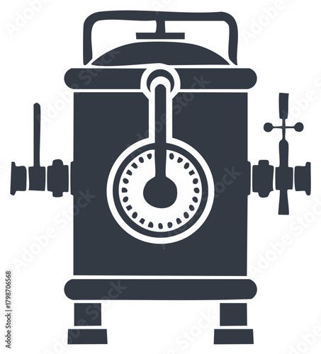 Detailed vector illustration of an industrial brewing tank, emphasizing the gauge and pipe valves in a dark color, showcasing a simple modern design with a vintage engineering appeal.