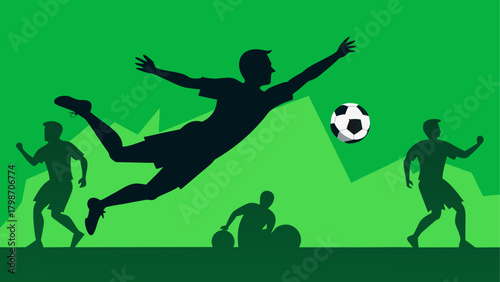 Silhouetted soccer players on green field