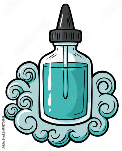Vaping e liquid bottle with dropper surrounded by vapor clouds cartoon vector illustration