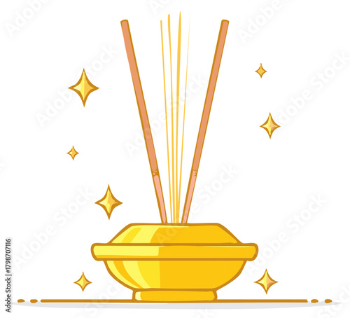 Golden incense holder illustration with aromatic smoke, and star-shaped glitters