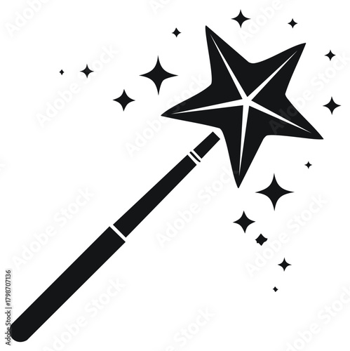 Black and white magic wand and stars on a white background